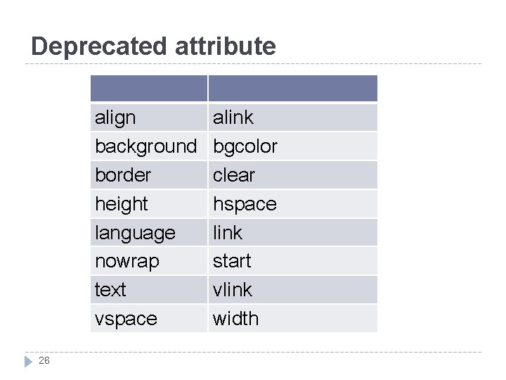 Deprecated attribute align background border height language nowrap text vspace 26 alink bgcolor clear