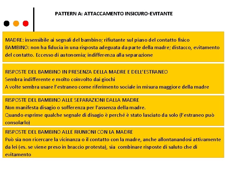 PATTERN A: ATTACCAMENTO INSICURO-EVITANTE MADRE: MADRE insensibile ai segnali del bambino; rifiutante sul piano