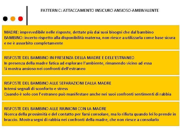 PATTERN C: ATTACCAMENTO INSICURO ANSIOSO-AMBIVALENTE MADRE: MADRE imprevedibile nelle risposte, dettate più dai suoi