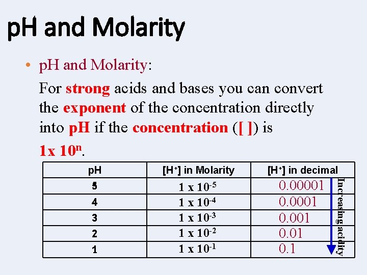 p. H and Molarity • p. H and Molarity: For strong acids and bases