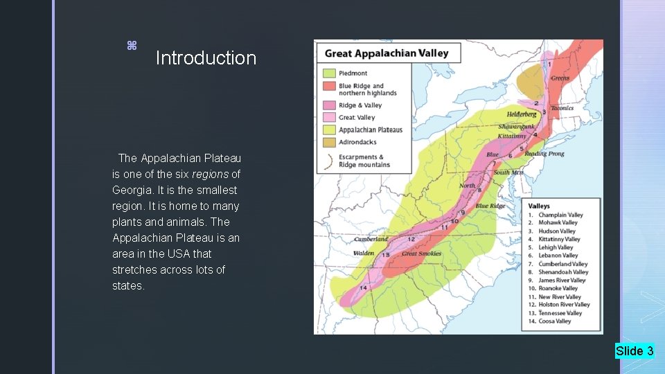 z Introduction The Appalachian Plateau is one of the six regions of Georgia. It