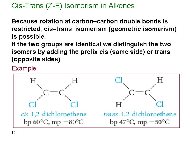 Cis-Trans (Z-E) Isomerism in Alkenes Because rotation at carbon–carbon double bonds is restricted, cis–trans