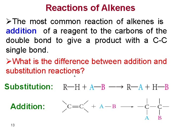 Reactions of Alkenes ØThe most common reaction of alkenes is addition of a reagent