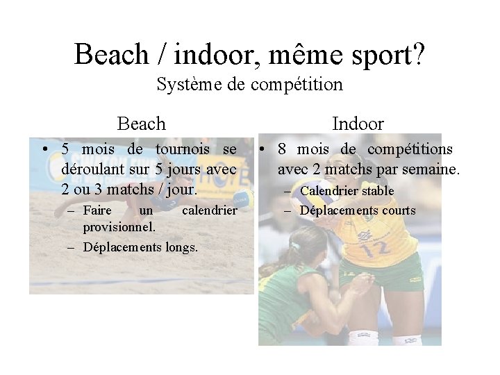 Beach / indoor, même sport? Système de compétition Beach Indoor • 5 mois de