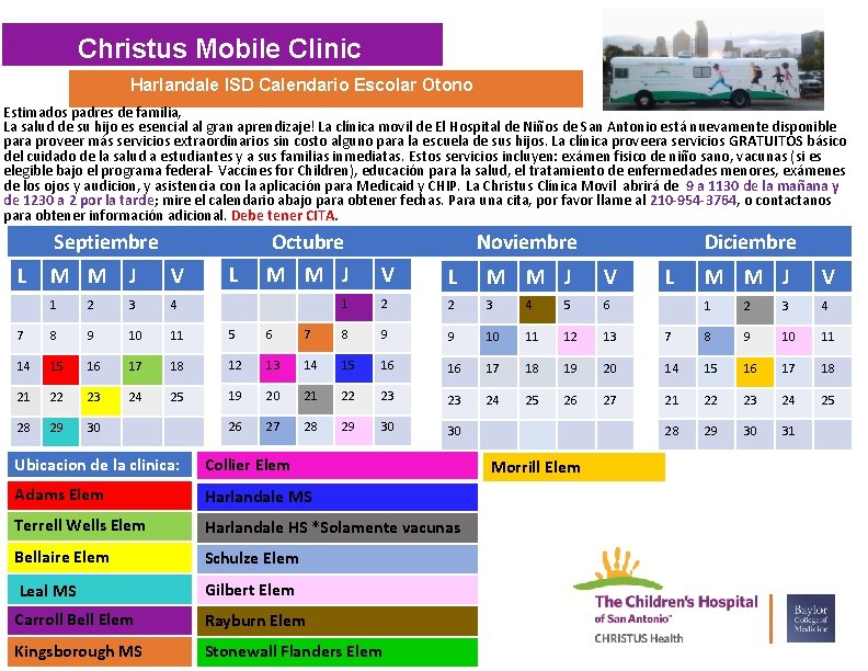 Christus Mobile Clinic Harlandale ISD Calendario Escolar Otono Estimados padres de familia, La salud