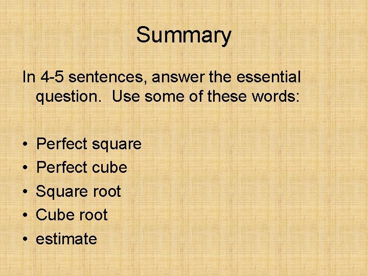 Summary In 4 -5 sentences, answer the essential question. Use some of these words: