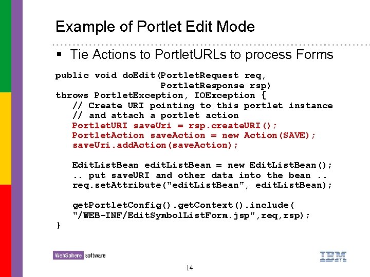 Example of Portlet Edit Mode § Tie Actions to Portlet. URLs to process Forms