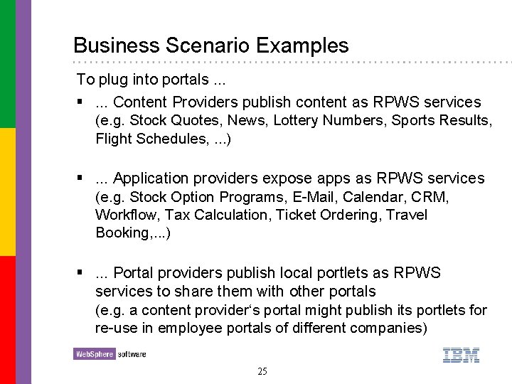 Business Scenario Examples To plug into portals. . . §. . . Content Providers