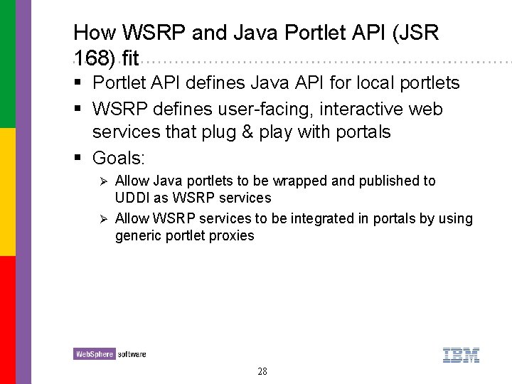How WSRP and Java Portlet API (JSR 168) fit § Portlet API defines Java