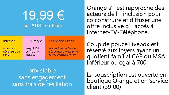 19, 99 € sur ADSL ou Fibre Internet TV Orange Téléphone illimité accès haut