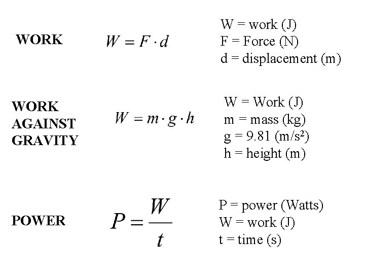 WORK W = work (J) F = Force (N) d = displacement (m) WORK