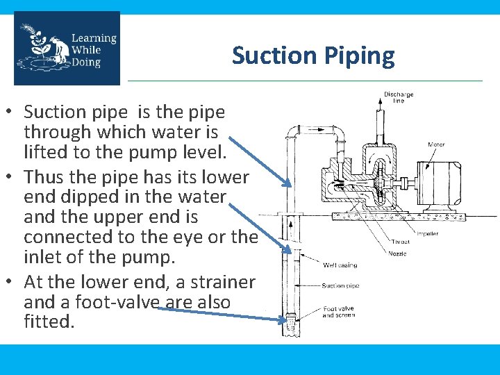 Suction Piping • Suction pipe is the pipe through which water is lifted to