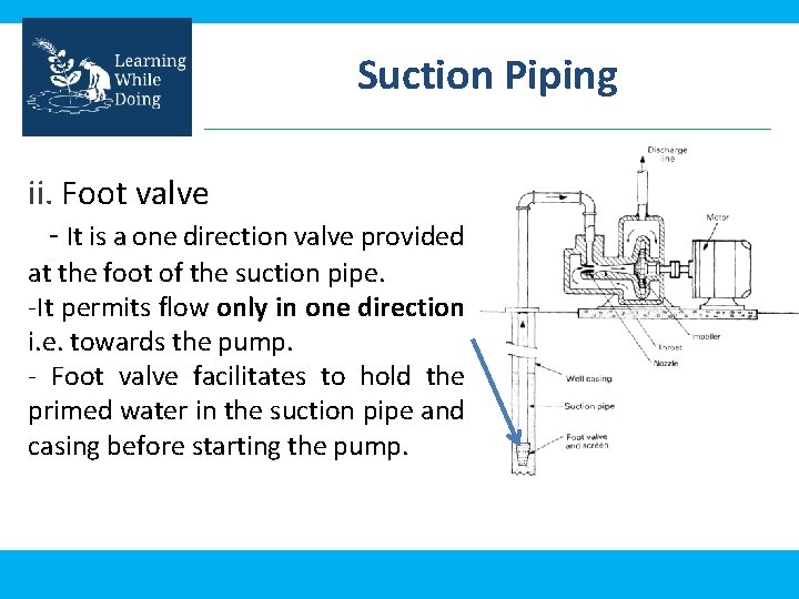 Suction Piping ii. Foot valve - It is a one direction valve provided at