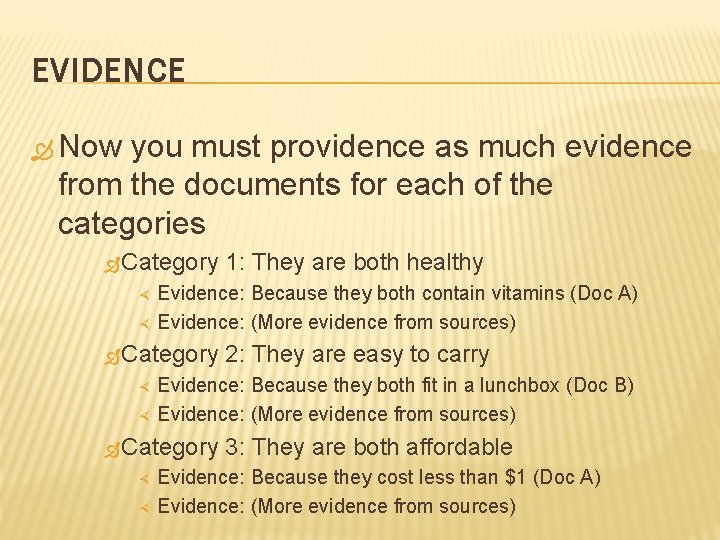 EVIDENCE Now you must providence as much evidence from the documents for each of