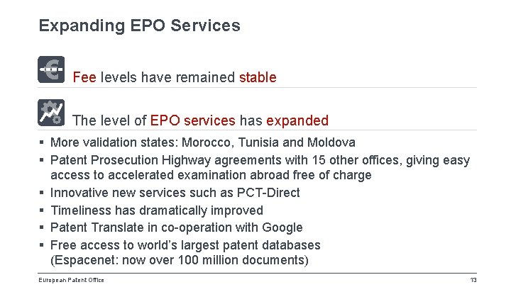 Expanding EPO Services Fee levels have remained stable The level of EPO services has