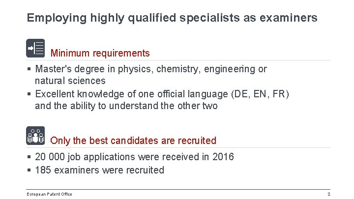 Employing highly qualified specialists as examiners Minimum requirements § Master's degree in physics, chemistry,