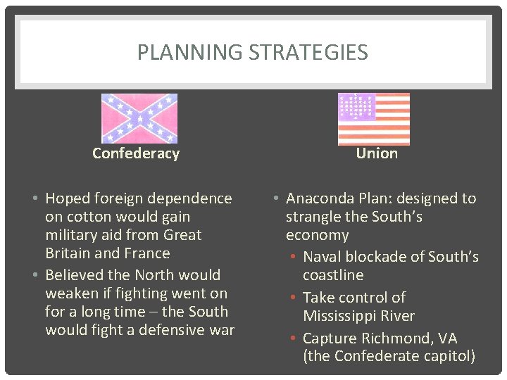 PLANNING STRATEGIES Confederacy Union • Hoped foreign dependence on cotton would gain military aid