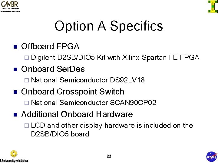 Option A Specifics n Offboard FPGA ¨ Digilent n D 2 SB/DIO 5 Kit