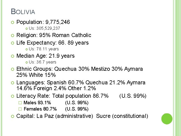 BOLIVIA Population: 9, 775, 246 Religion: 95% Roman Catholic Life Expectancy: 66. 89 years