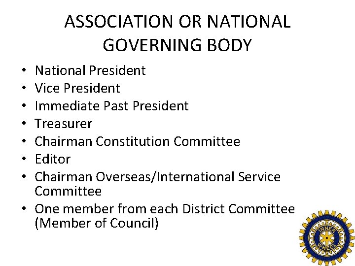 ASSOCIATION OR NATIONAL GOVERNING BODY National President Vice President Immediate Past President Treasurer Chairman