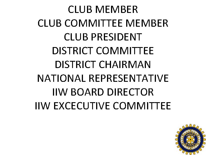 CLUB MEMBER CLUB COMMITTEE MEMBER CLUB PRESIDENT DISTRICT COMMITTEE DISTRICT CHAIRMAN NATIONAL REPRESENTATIVE IIW