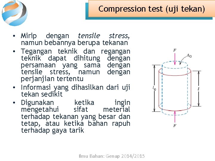 Compression test (uji tekan) • Mirip dengan tensile stress, namun bebannya berupa tekanan •