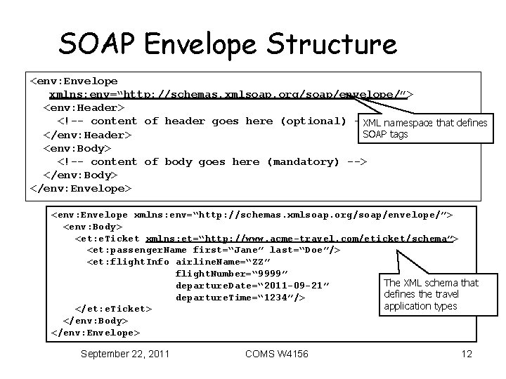 SOAP Envelope Structure <env: Envelope xmlns: env=“http: //schemas. xmlsoap. org/soap/envelope/”> <env: Header> <!-- content