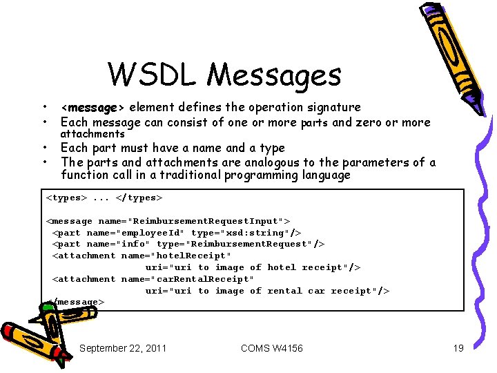 WSDL Messages • • <message> element defines the operation signature Each message can consist