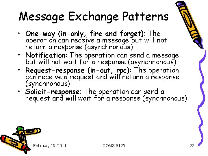 Message Exchange Patterns • One-way (in-only, fire and forget): The operation can receive a