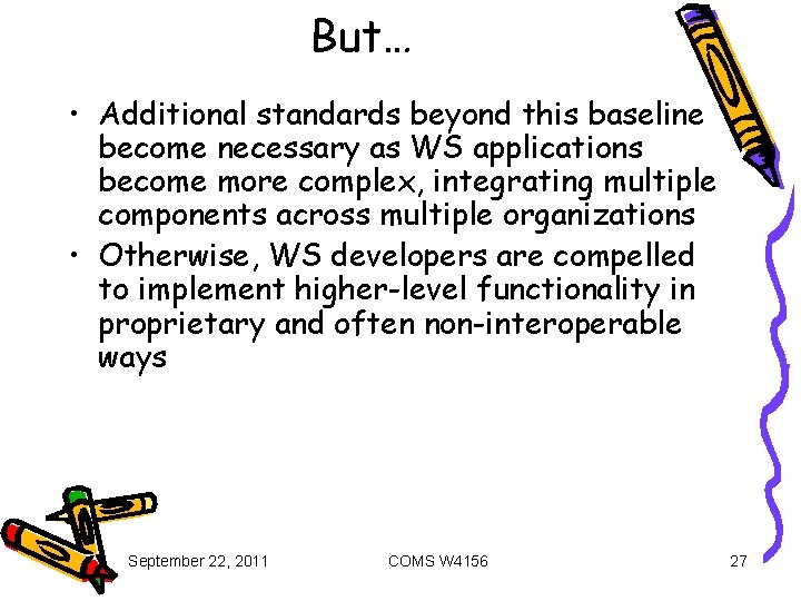 But… • Additional standards beyond this baseline become necessary as WS applications become more