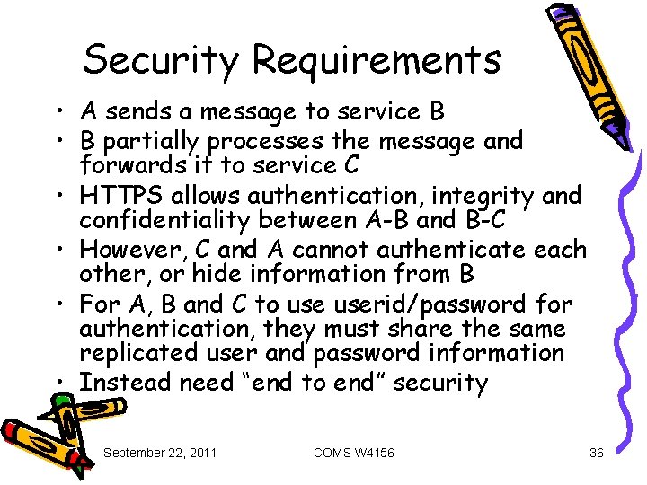 Security Requirements • A sends a message to service B • B partially processes