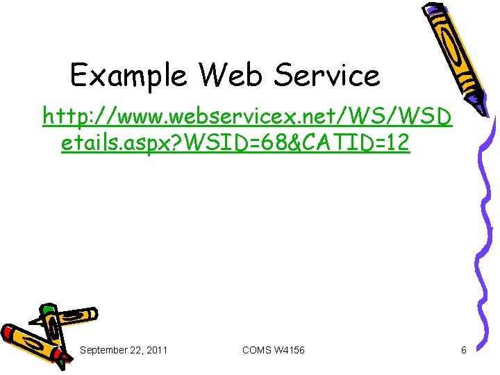 Example Web Service http: //www. webservicex. net/WS/WSD etails. aspx? WSID=68&CATID=12 September 22, 2011 COMS