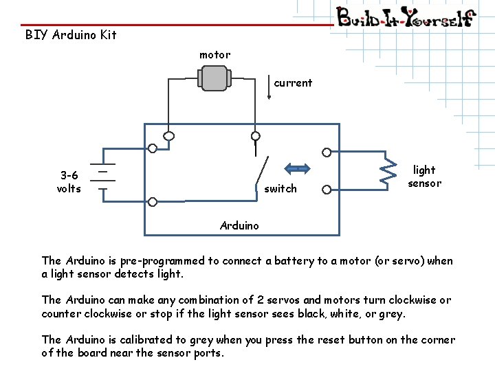 BIY Arduino Kit motor current 3 -6 volts switch light sensor Arduino The Arduino