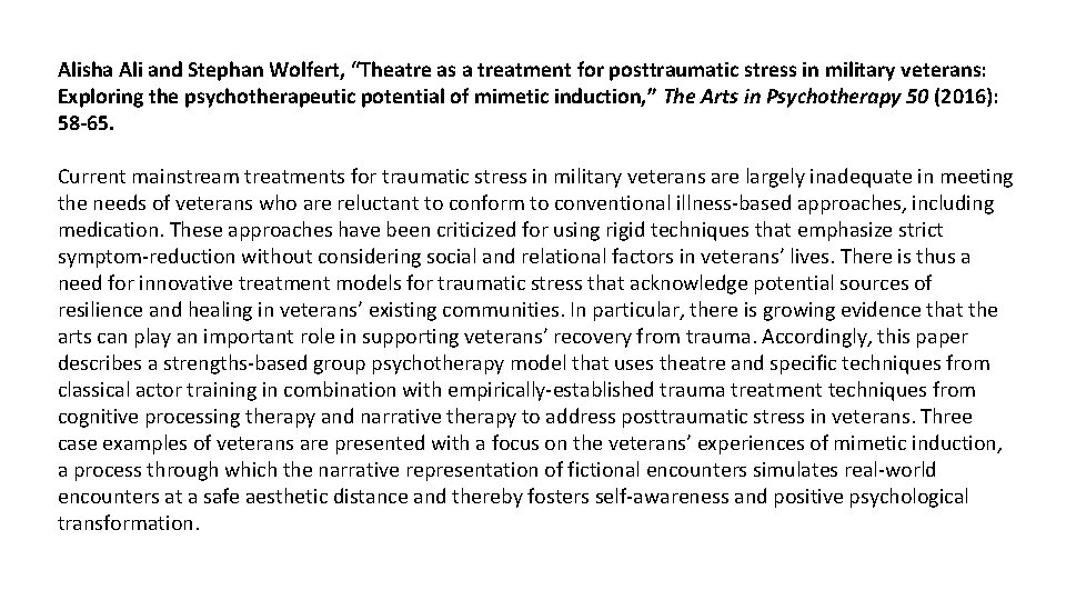 Alisha Ali and Stephan Wolfert, “Theatre as a treatment for posttraumatic stress in military