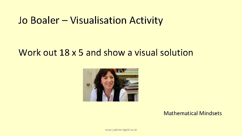 Jo Boaler – Visualisation Activity Work out 18 x 5 and show a visual