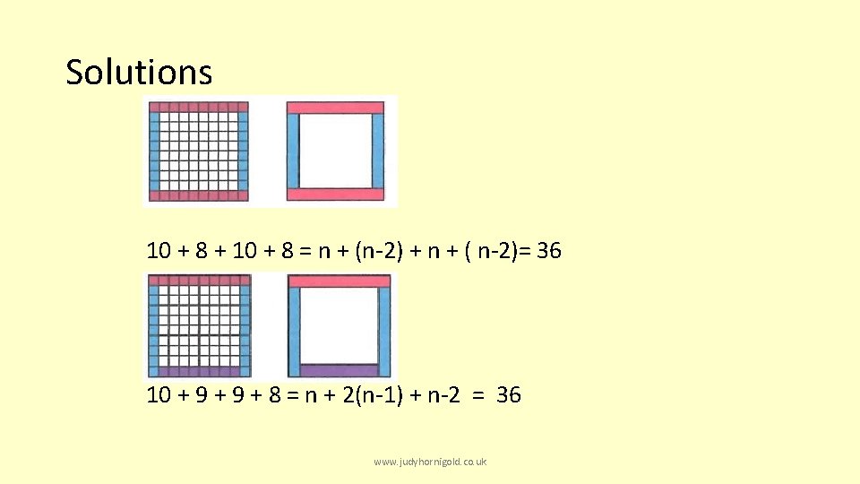 Solutions 10 + 8 + 10 + 8 = n + (n-2) + n