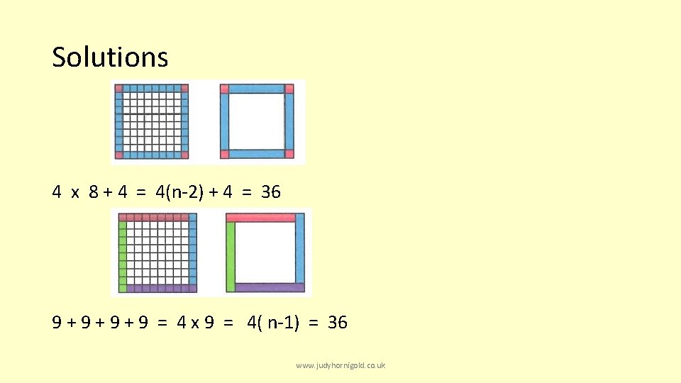 Solutions 4 x 8 + 4 = 4(n-2) + 4 = 36 9 +