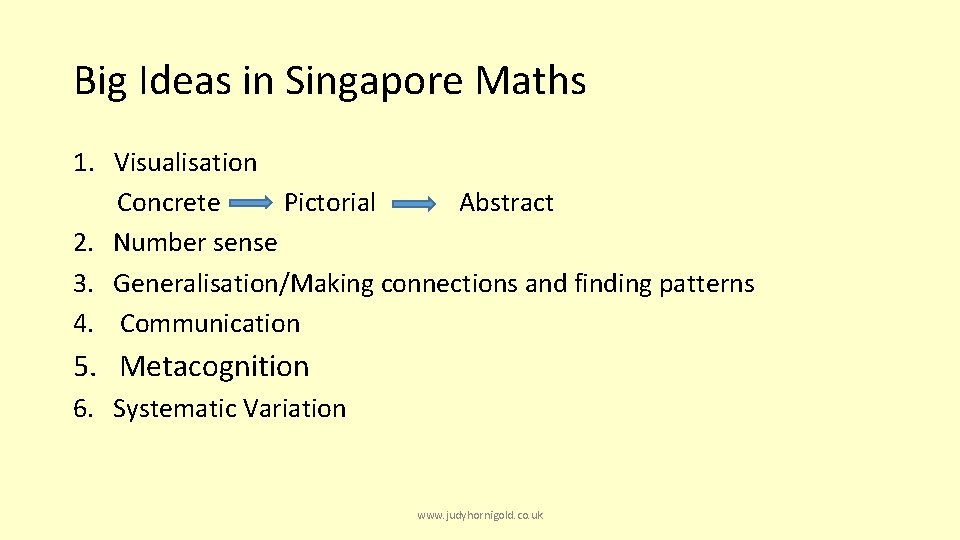 Big Ideas in Singapore Maths 1. Visualisation Concrete Pictorial Abstract 2. Number sense 3.