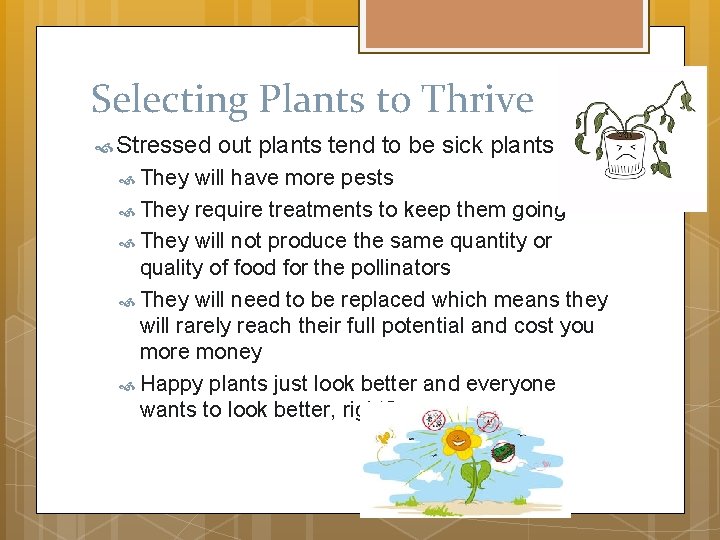 Selecting Plants to Thrive Stressed They out plants tend to be sick plants will