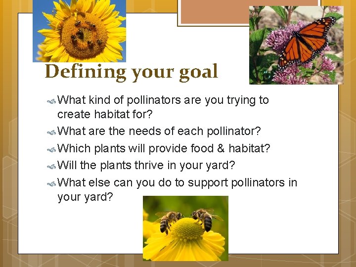 Defining your goal What kind of pollinators are you trying to create habitat for?