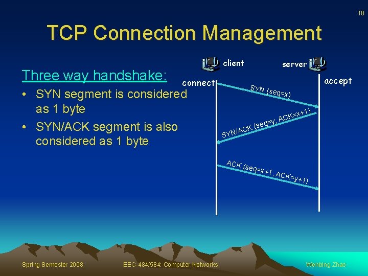 18 TCP Connection Management Three way handshake: client connect • SYN segment is considered