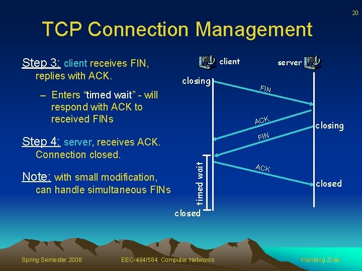 20 TCP Connection Management client Step 3: client receives FIN, replies with ACK. closing