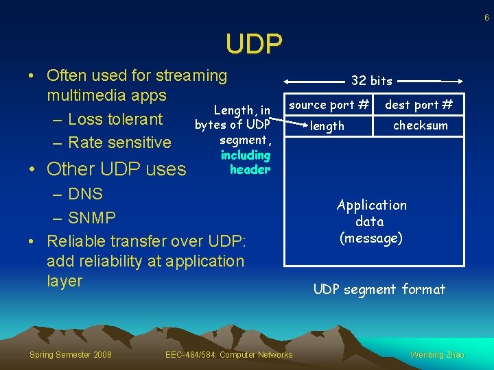 6 UDP • Often used for streaming multimedia apps Length, in – Loss tolerant