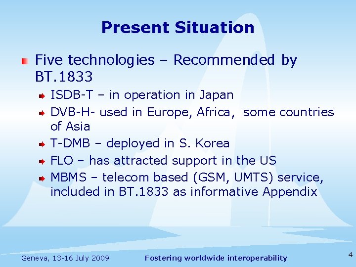 Present Situation Five technologies – Recommended by BT. 1833 ISDB-T – in operation in