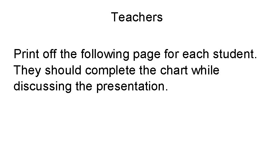 Teachers Print off the following page for each student. They should complete the chart