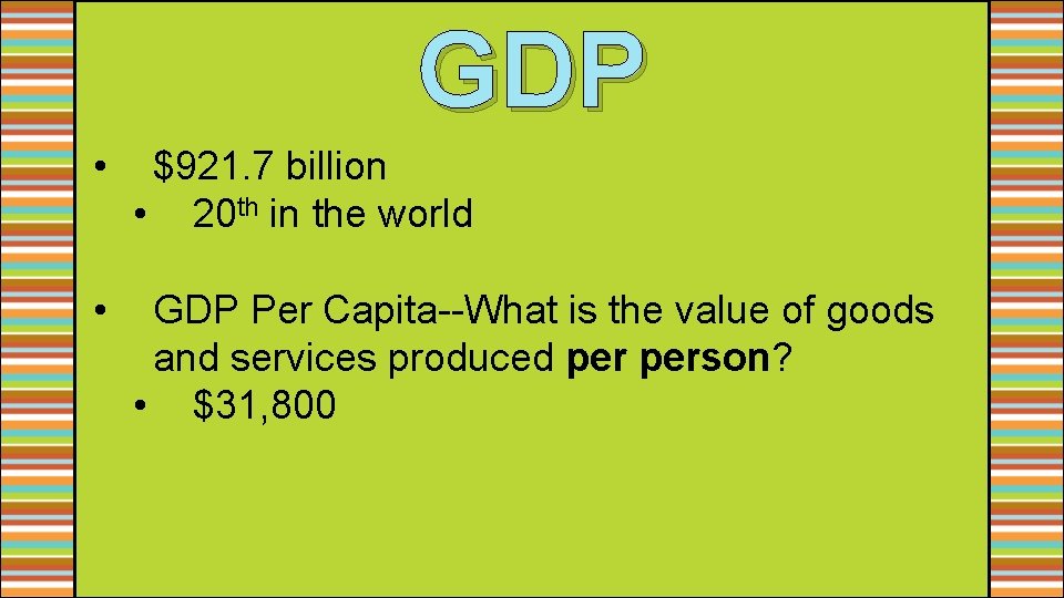 GDP • $921. 7 billion • 20 th in the world • GDP Per