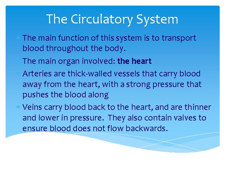 The Circulatory System The main function of this system is to transport blood throughout