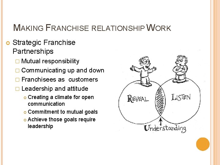 MAKING FRANCHISE RELATIONSHIP WORK Strategic Franchise Partnerships � Mutual responsibility � Communicating up and