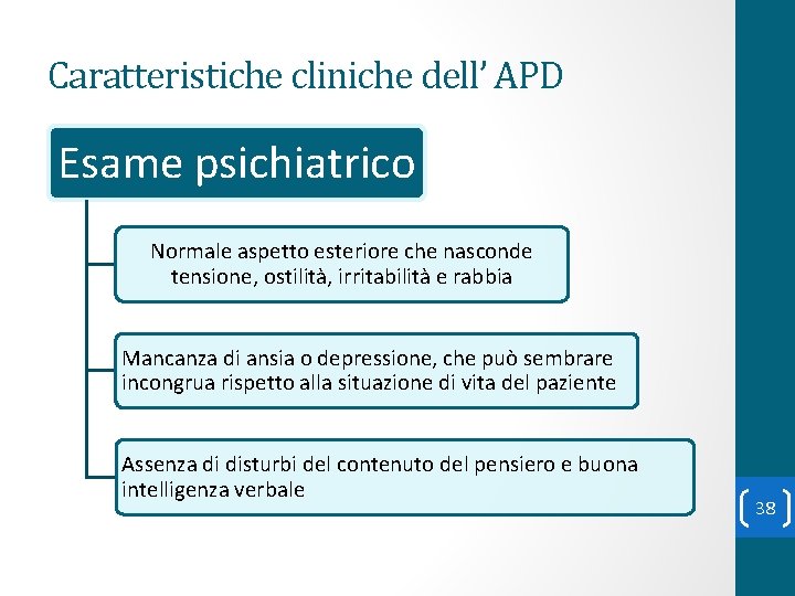 Caratteristiche cliniche dell’ APD Esame psichiatrico Normale aspetto esteriore che nasconde tensione, ostilità, irritabilità