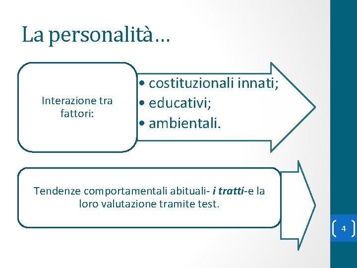 La personalità… Interazione tra fattori: • costituzionali innati; • educativi; • ambientali. Tendenze comportamentali